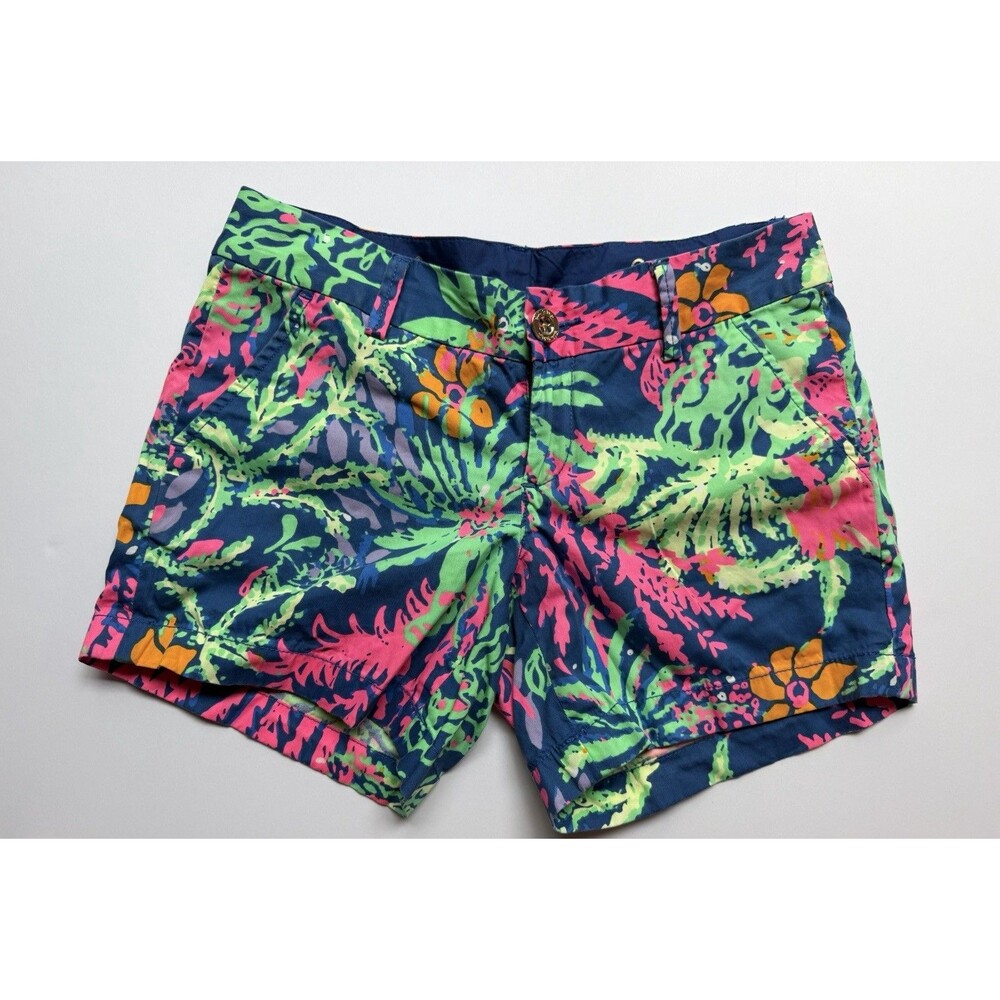 Lilly Pulitzer Callahan Women’s Chino Shorts 0 Blue Pink Tropical Floral Pockets
